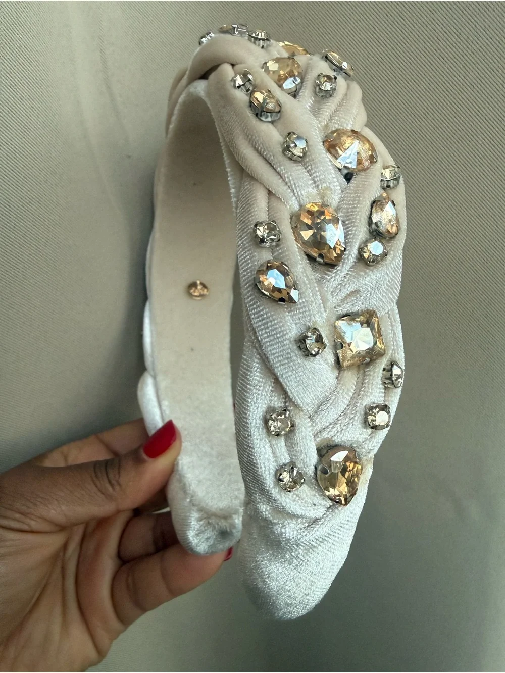 Embellished Ivory Velvet Padded Headband with Crystal Accents